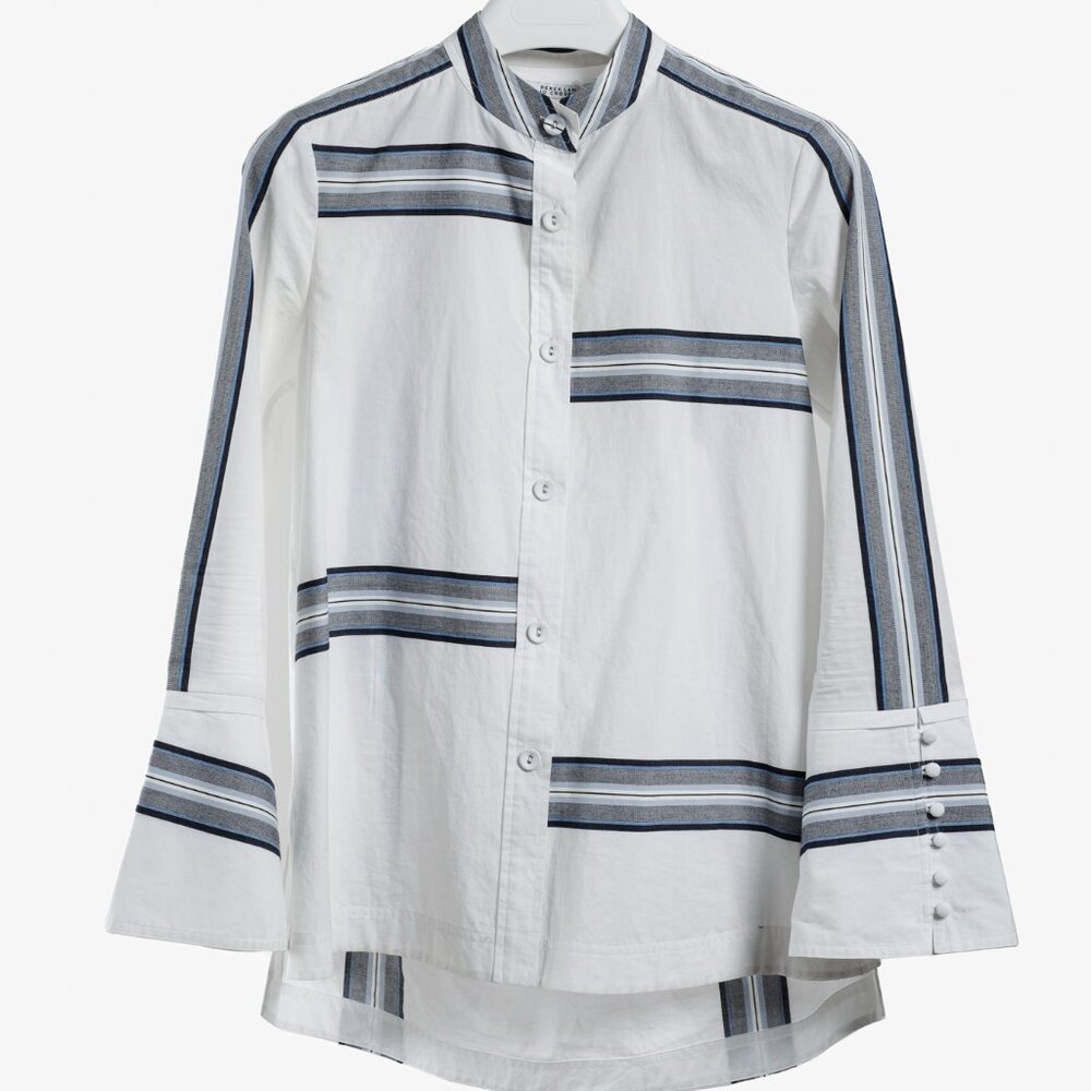 Derek Lam White Cotton Button Down w/ Blue Striped Panels